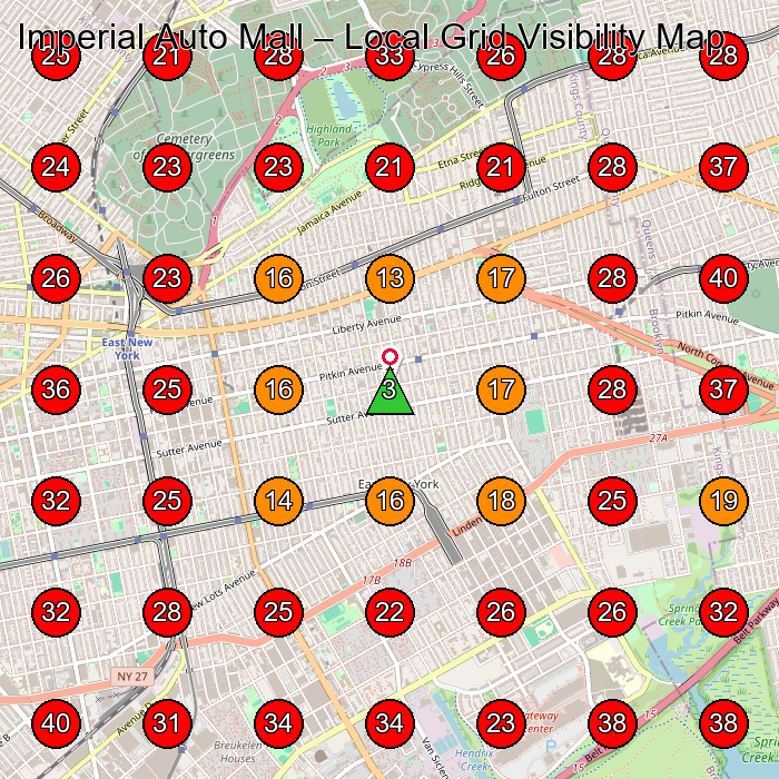 Imperial Auto Mall GeoGrid visibility map for Used Car Dealer in Brooklyn